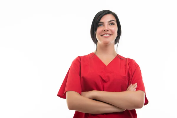 Low Angle Young Attractive Female Nurse Standing Arms Crossed Isolated — Stock Photo, Image