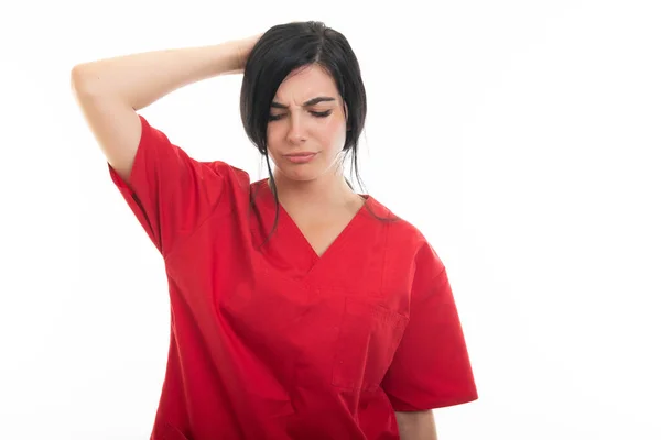 Retrato Jovem Enfermeira Atraente Fazendo Gesto Problema Isolado Fundo Branco — Fotografia de Stock
