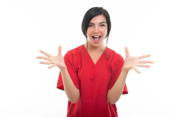 Portrait Young Attractive Female Nurse Making Happy Gesture Isolated White — Stock Photo, Image