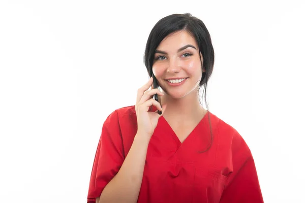 Portrait Young Attractive Female Nurse Talking Telephone Isolated White Background — Stock Photo, Image