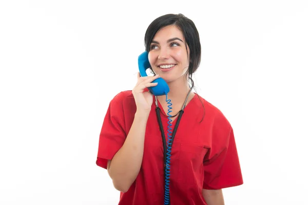 Portrait Young Attractive Female Nurse Talking Telephone Receiver Isolated White — Stock Photo, Image