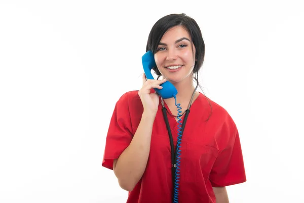 Portrait Young Attractive Female Nurse Talking Telephone Receiver Isolated White — Stock Photo, Image