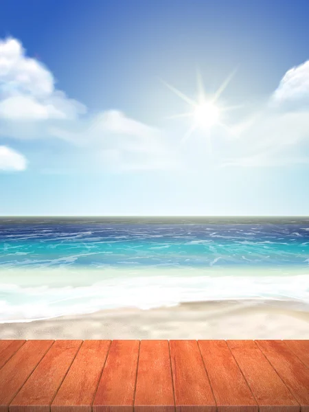 Hermosa playa con placa de madera — Foto de Stock