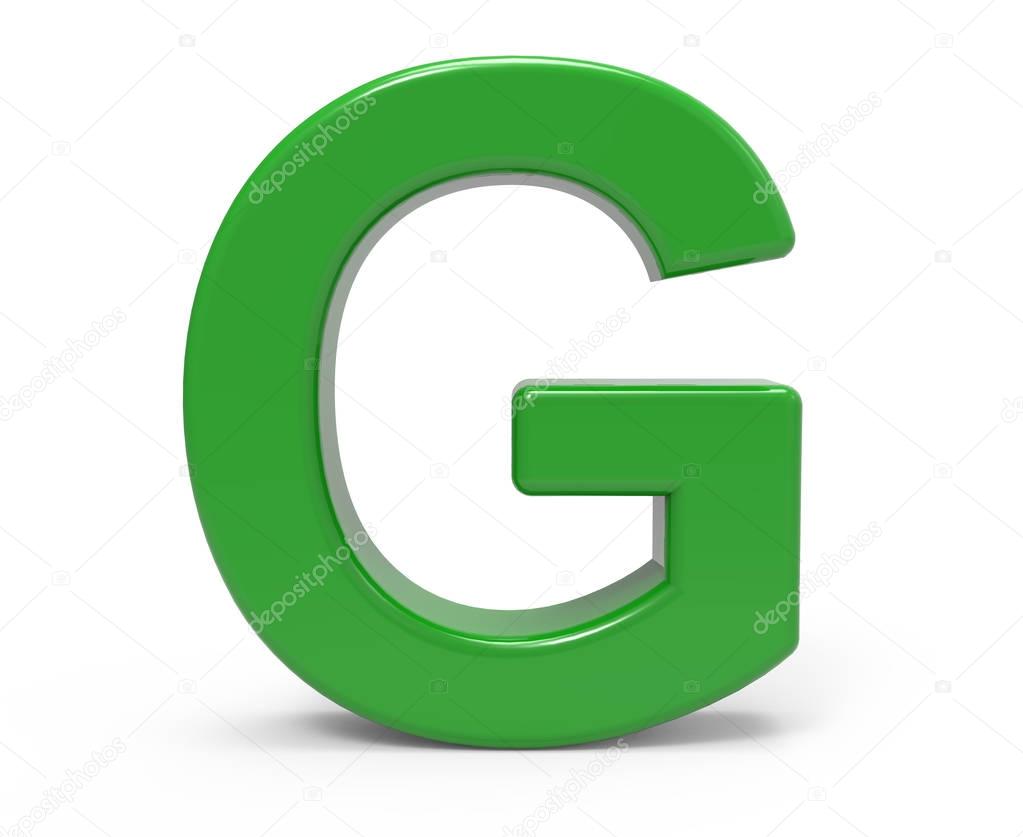 3d rendering green letter G isolated white background