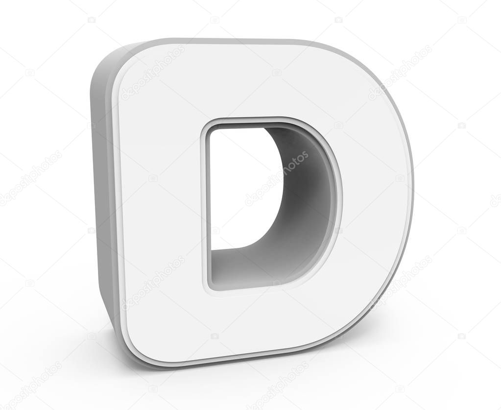 Left tilt white letter D, 3D rendering graphic isolated on white background