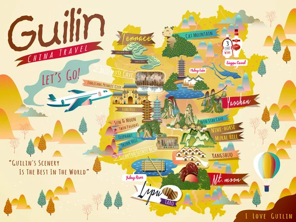 Mapa de viajes de China Guilin — Vector de stock