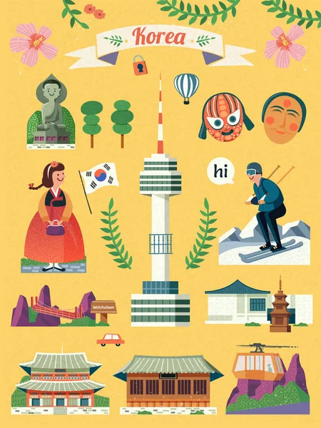 Corea set simbolo di viaggio — Vettoriale Stock