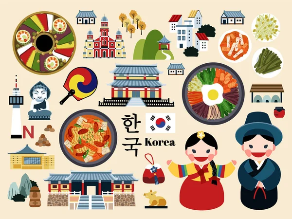 Lovely Korea konsep perjalanan ditetapkan - Stok Vektor