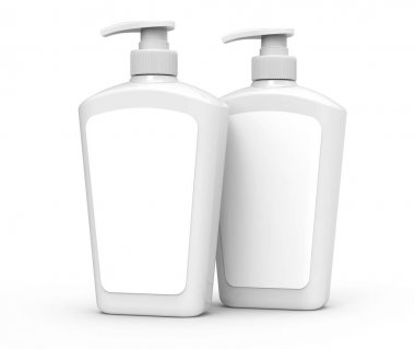 Pompa makinesi şişe mockup, 3d render boş beyaz plastik şişede, vücut yıkama veya hijyen ürünleri etiketi