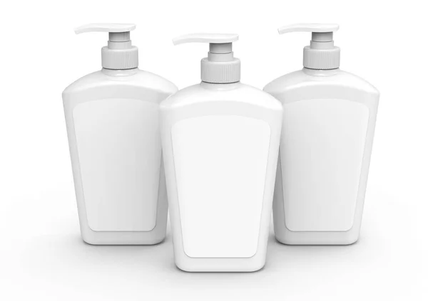 泵分配器瓶样机 空白的白色塑料瓶在3D 身体洗涤或卫生产品与标签 — 图库照片