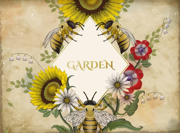 Abeilles à miel et fleurs fond — Image vectorielle