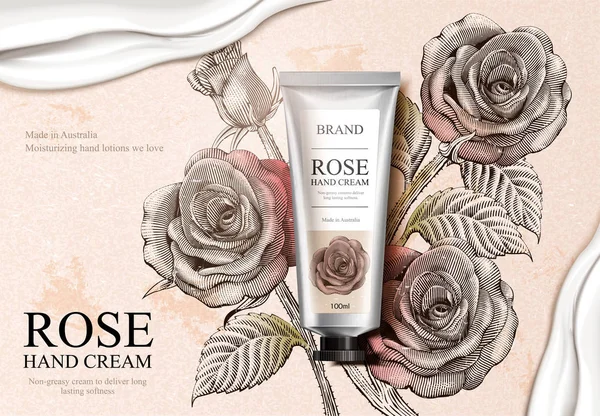 Rose crema de manos anuncios — Vector de stock