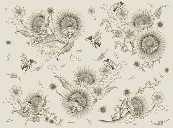 Honey bees and flowers elements Royalty Free Stock Illustrations