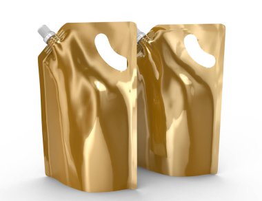 Deterjan dolum paketi, 3d render şampanya altın stand-up çanta çanta mockup kap ile ayarla 