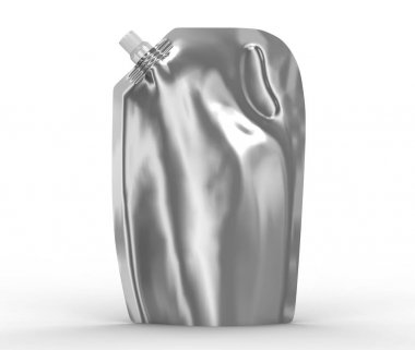Deterjan dolum paketi, 3d render gümüş stand-up çanta çanta mockup kapaklı