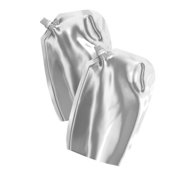 Deterjan dolum paketleme, 3d render gümüş stand-up çanta çanta mockup havada yüzer kap ile ayarla