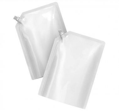 Deterjan dolum paketi, 3d render çanta çanta mockup kümesi havada yüzer kapaklı