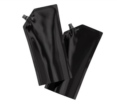 Deterjan dolum paketleme, 3d render siyah stand-up çanta çanta mockup havada yüzer kap ile ayarla