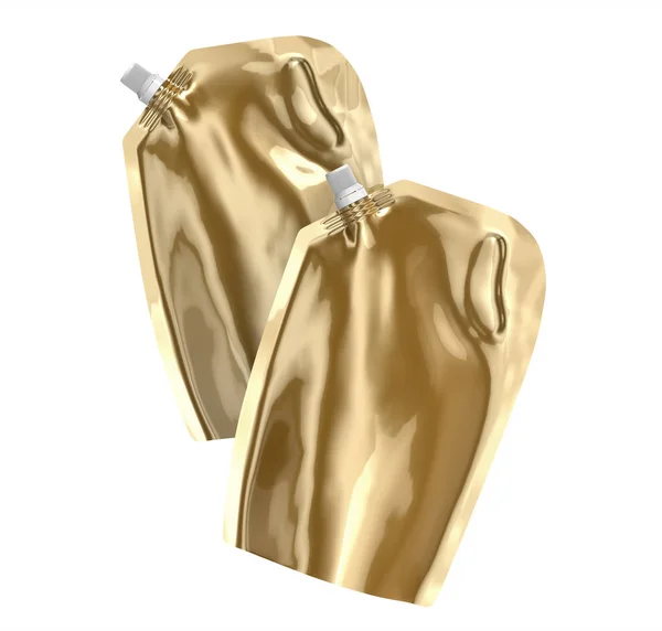 洗涤剂重装包装 渲染香槟黄金站立袋袋样机在空气中漂浮帽 — 图库照片