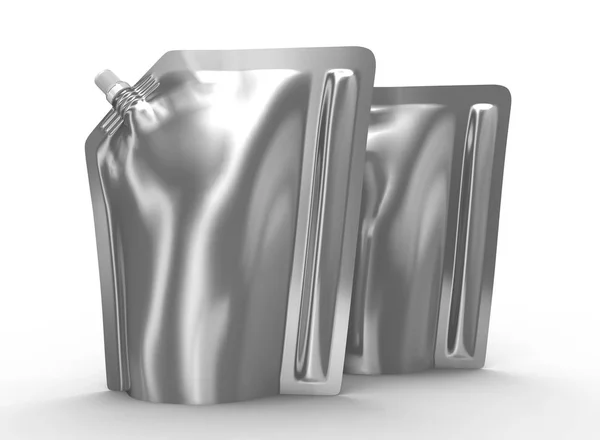 Pakiet Uzupełniający Detergentu Render Srebrny Stojące Torebki Torba Makieta Wpr — Zdjęcie stockowe