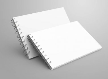 Boş not defteri mockup, set tasarımı için boş alan ile 3d render spiral defter kullanır, float havada