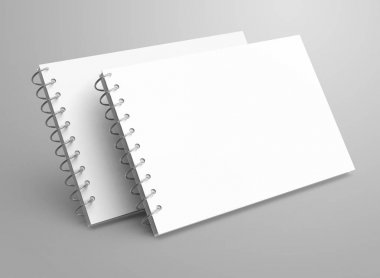 Boş not defteri mockup, set tasarımı için boş alan ile 3d render spiral defter kullanır, float havada