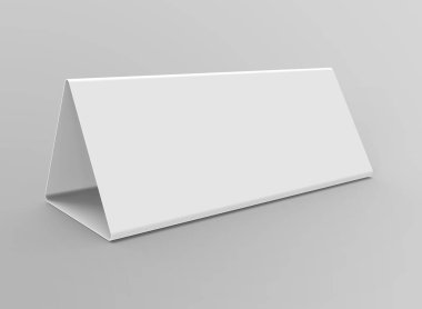 Boş tablo çadır, 3d render masa kartı mockup tasarım için kullanır, iş toplantı veya restoran menü için kağıt üçgen kartı