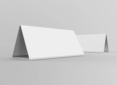 Boş tablo çadır, 3d render tablosu kartı ayarla mockup tasarım kullanımlar için kağıt üçgen kartı iş toplantısı veya Restoran Menü
