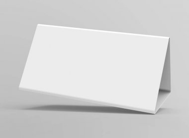 Boş tablo çadır, 3d render masa kartı mockup tasarım için kullanır, iş toplantı veya restoran menü için kağıt üçgen kartı