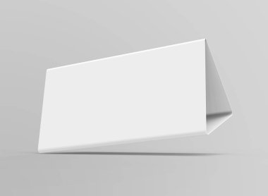 Boş tablo çadır, 3d render masa kartı mockup tasarım için kullanır, iş toplantı veya restoran menü için kağıt üçgen kartı