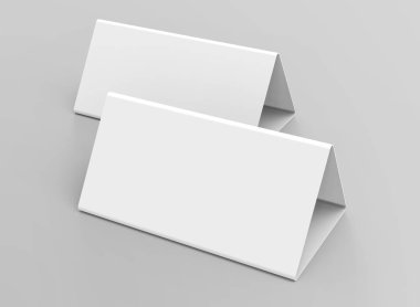 Boş tablo çadır, 3d render tablosu kartı ayarla mockup tasarım kullanımlar için kağıt üçgen kartı iş toplantısı veya Restoran Menü