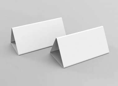 Boş tablo çadır, 3d render tablosu kartı ayarla mockup tasarım kullanımlar için kağıt üçgen kartı iş toplantısı veya Restoran Menü