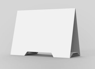 Boş tablo çadır, 3d render masa kartı mockup tasarım için kullanır, iş toplantı veya restoran menü için kağıt üçgen kartı