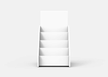Karton raf masa üstü, 3d render beyaz stand broşür veya sayfaları için