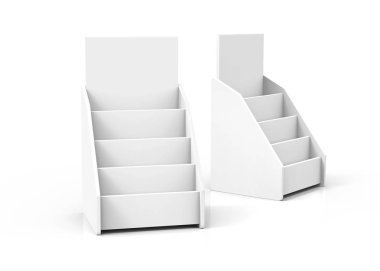 Karton raf masa üstü, 3d render beyaz stand broşür veya sayfaları için ayarlama