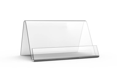 Akrilik stand mockup, 3d render şeffaf masa standı, üçgen şekil