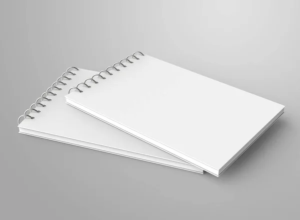空白のメモ帳のモックアップ レンダリング スパイラル ノート入り空の空間設計を使用して 立面図の — ストック写真