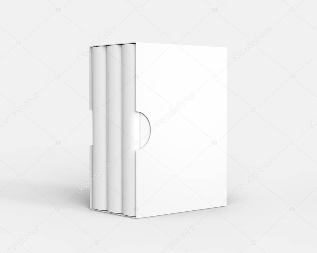 Blank book with cardboard box cover, stand book and case in 3d render