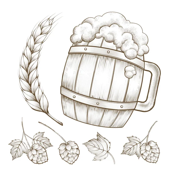 Retro Bier Ingrediënt Element Biervat Wheats Hop Gravure Van Stijl — Stockvector