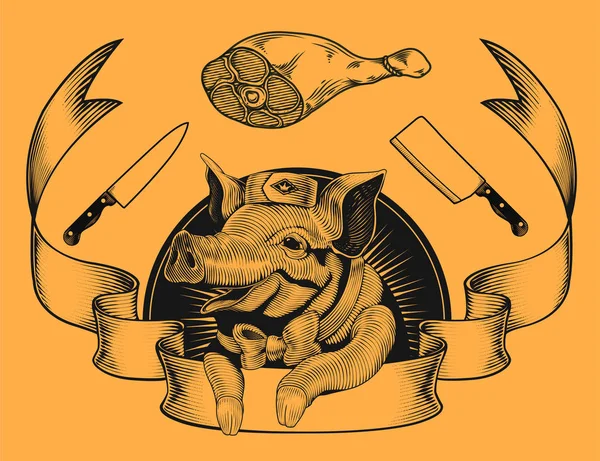 Butchery Sklep Promocja Logo Śliczny Uśmiechający Się Świnia Grawerowanie Stylu — Wektor stockowy