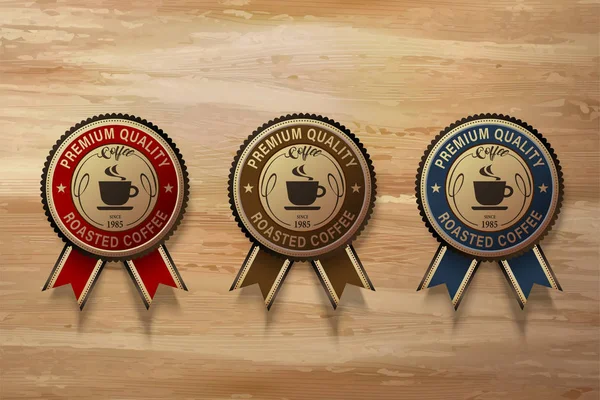 Conjunto Insignias Premium Café Tres Tipos Diferentes Etiquetas Ilustración Mesa — Vector de stock