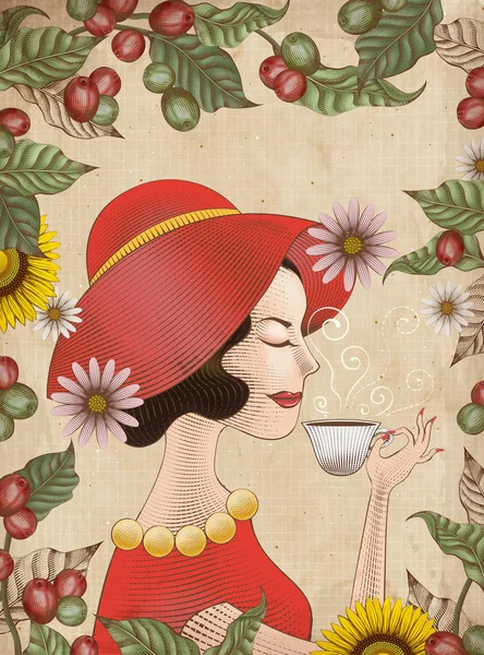 Elegante Signora Abito Rosso Sta Bevendo Una Tazza Caffè Foglie — Vettoriale Stock