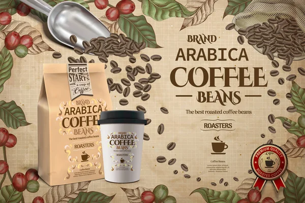 Elegantes anuncios de granos de café Arabica — Vector de stock