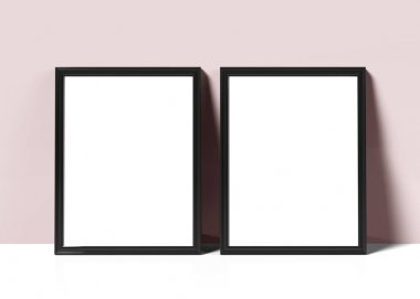 İnce çerçeve ile duvara yaslanmış dekoratif kullanımlar için boş yer ayarla siyah resim çerçeveleri, 3d render