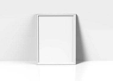 Beyaz resim çerçevesi, duvara yaslanmış dekoratif kullanımlar için boş alan ile 3d render ince çerçeve