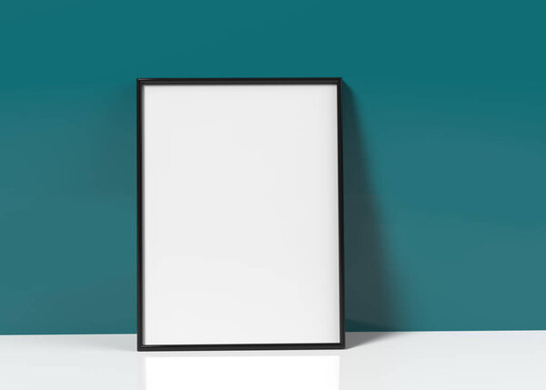 Black picture frame, 3d render thin frame with empty space for decorative uses, leaning on wall