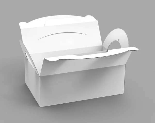 带手柄的外卖纸盒盒 在3D 为设计使用渲染的空白纸盒 打开框与高视图 — 图库照片