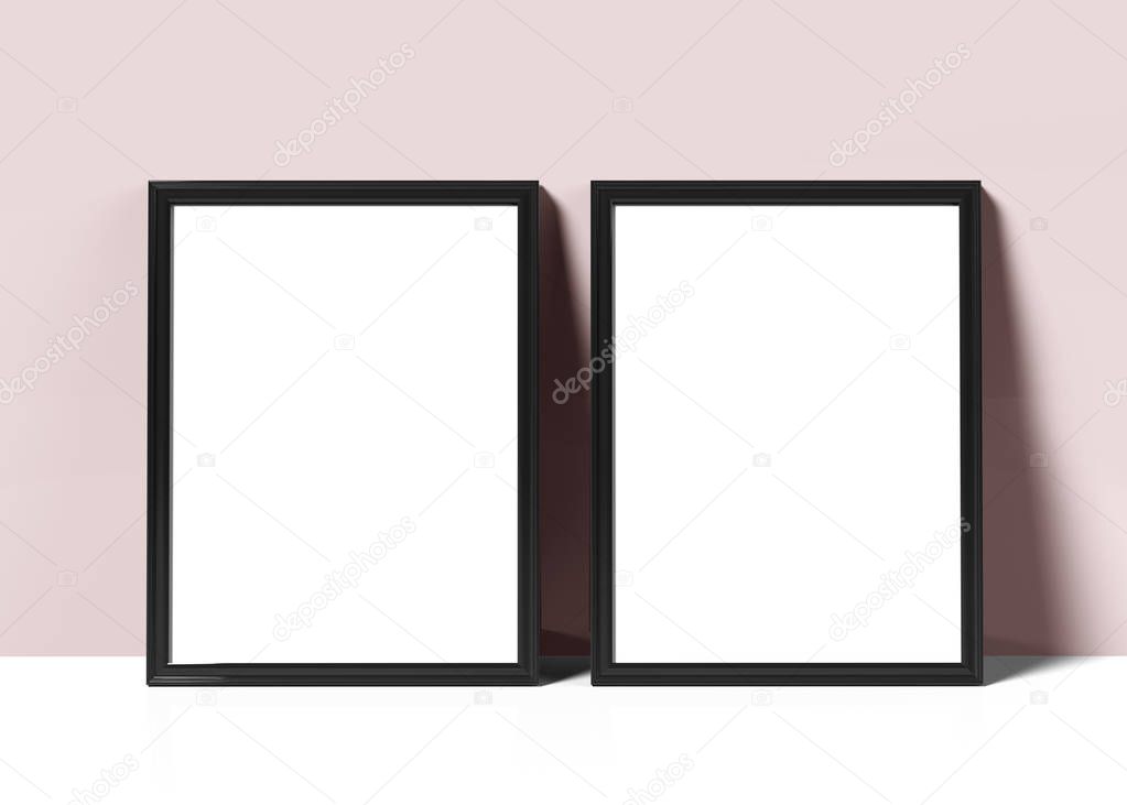 Black picture frames, 3d render thin frames set with empty space for decorative uses, leaning on wall