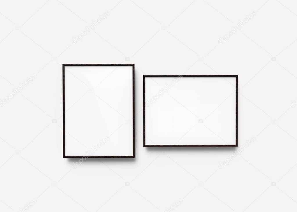 Black picture frames, 3d render thin frames set with empty space for decorative uses