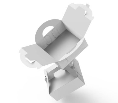 Beyaz kutu tutamacını, hediye veya gıda karton paketi ile 3d render tasarım anlamları, float kutuları için set
